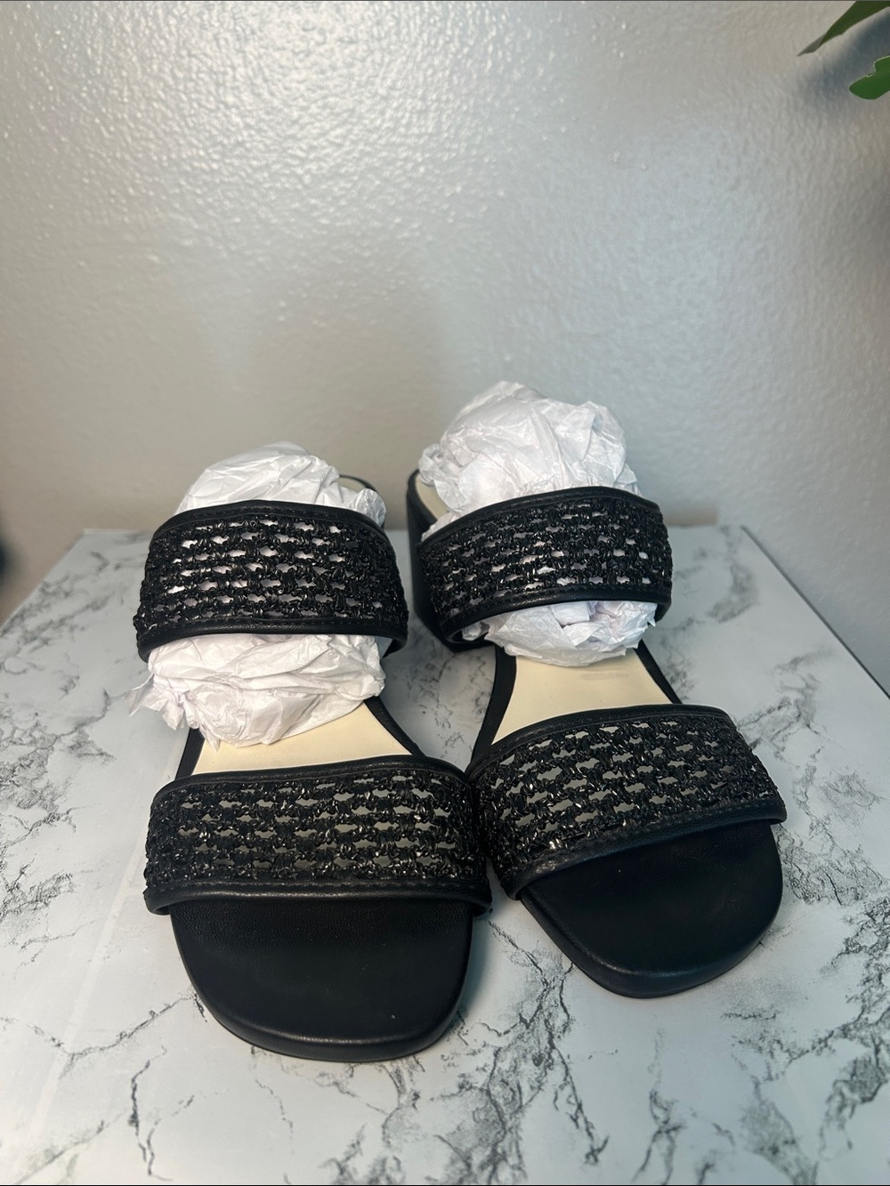 Anne Klein Brooke Black Woven Block Heel Sandals Size 7.5M